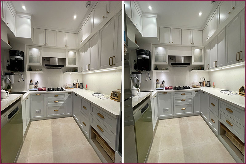 Two visuals of a contemporary kitchen with white cabinets and a microwave, crafted by an interior design company based in Bangalore.