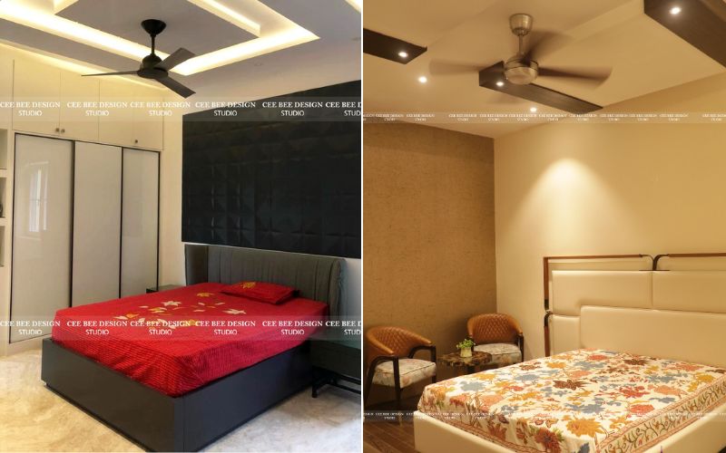 A stylish bedroom featuring a ceiling fan, showcasing modern interior design by a Bangalore designer.