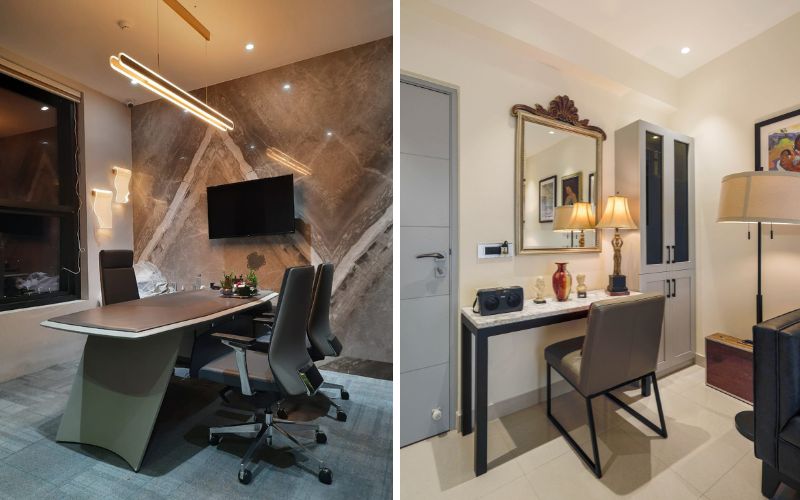 A modern office space and a stylish bedroom, showcasing interior design by Kolkata's office designers.