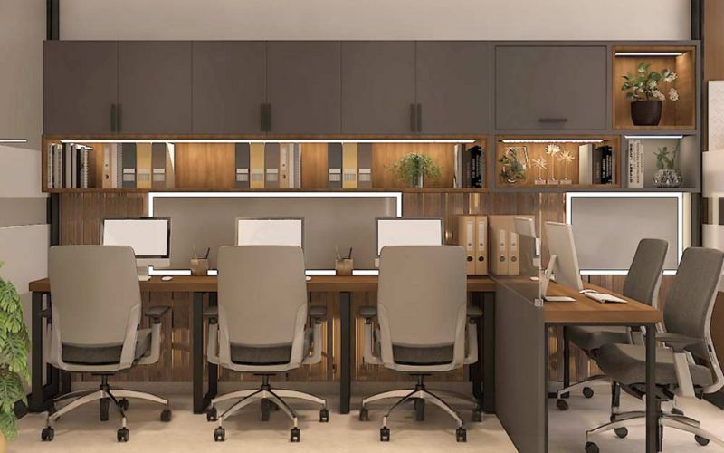 Modern office interior showcasing a desk and chairs, reflecting the expertise of an office interior designer in Kolkata.