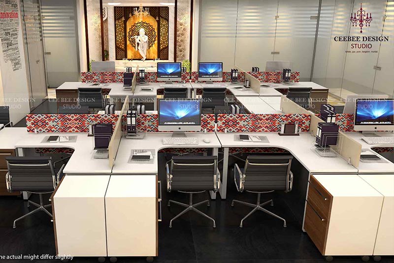 Interior of corporate office with desks and computers.