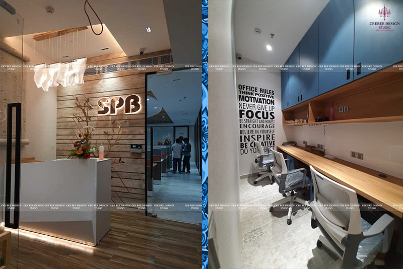 Sleek office interior design featuring a reception desk and a wall in a modern workspace.