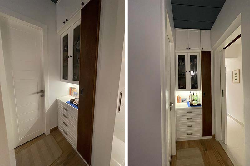 Two views of a hallway with a door and cabinet, illustrating modern home interior design aesthetics.