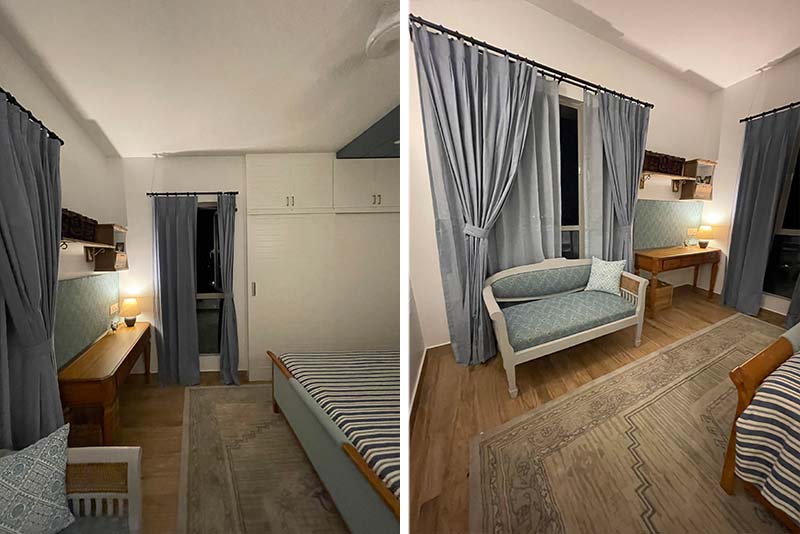 Two views of a well-designed bedroom, featuring a bed and a chair, illustrating elegant home interior design concepts.