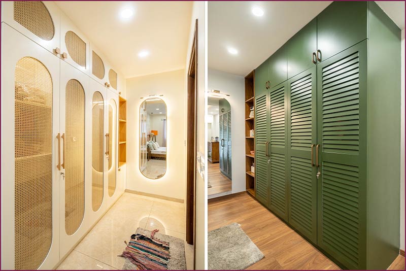 Home interior design featuring a walk-in closet with green shutters and a mirror.