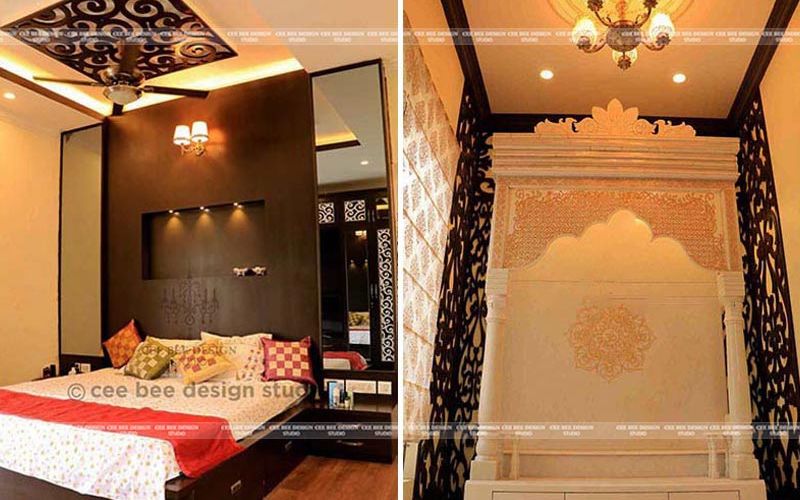 Puja room interior design in bedroom with bed and mirror.