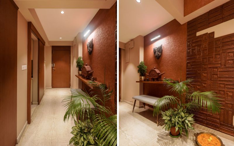 Hallway images displaying a plant and wall design, highlighting the work of an interior designer in Kolkata.