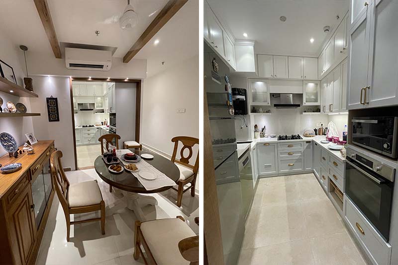 An inviting kitchen and dining area with a beautifully set table and chairs, exemplifying sophisticated interior design.