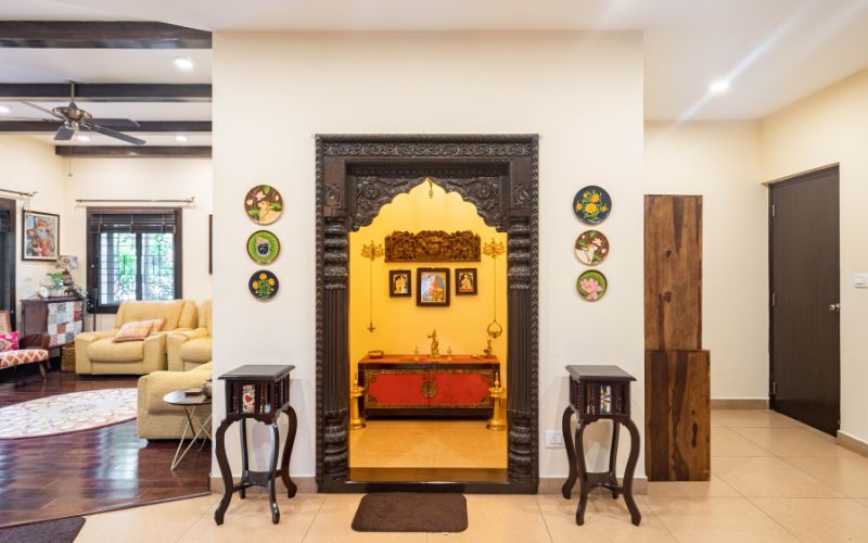 A Kerala style mandir exemplifying the artistry of home interior design.