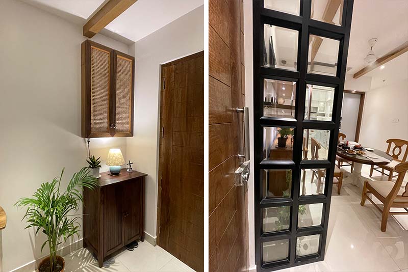 Two photographs of a room, emphasizing a door and a table, illustrating the creative vision of an interior designer.