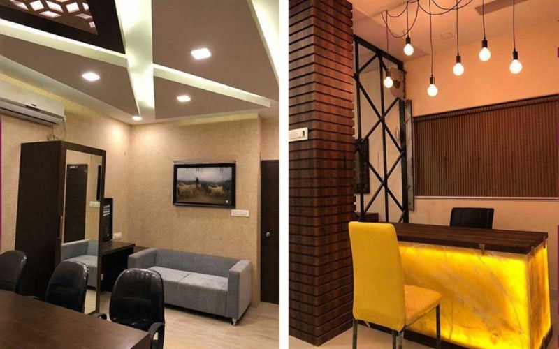 A pair of images depicting a sophisticated living room and dining room, highlighting the interior design in Kolkata jewellery store.