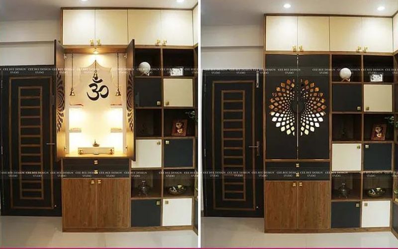 Two images of a room showcasing a wooden cabinet, mirror, and mandir design.