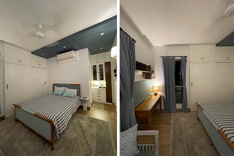 Two images of a stylish bedroom featuring a bed and a ceiling fan, showcasing interior decorators' design expertise.