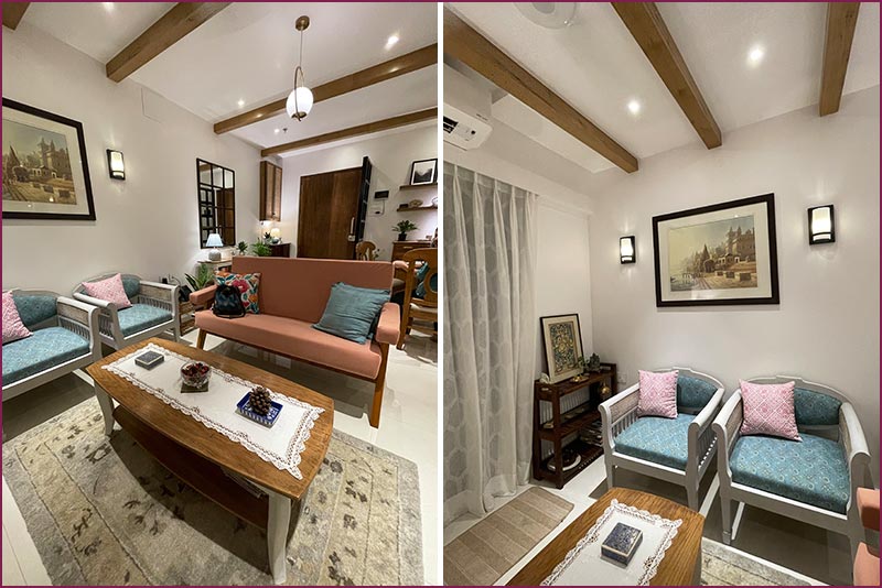 A pair of photos depicting a modern living room with a couch and coffee table, crafted by Bangalore's interior designers.