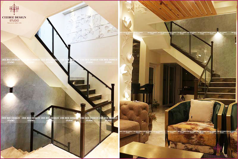 Luxurious living room and staircase designed by top interior designers in Bangalore.