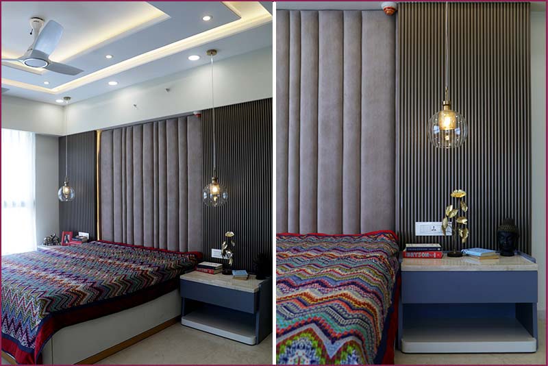 Two visuals of an upscale bedroom, highlighting a comfortable bed and a modern lamp, designed by Bangalore's luxury interior experts.