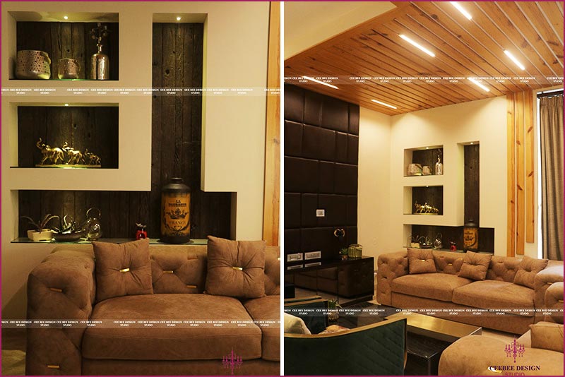 Living room with a couch and coffee table, designed by luxury interior designers in Bangalore.