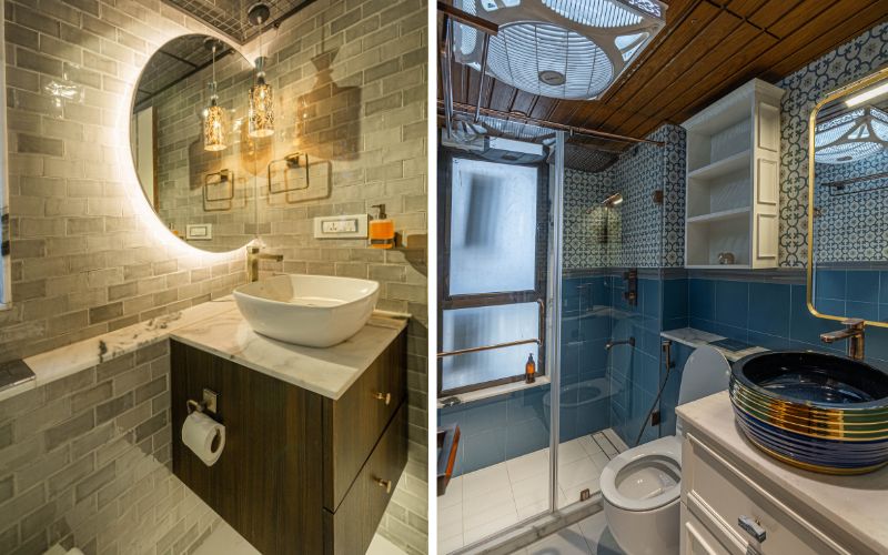 Two views of a sophisticated bathroom, complete with a sink, toilet, and mirror, reflecting luxury interior design in Bangalore.