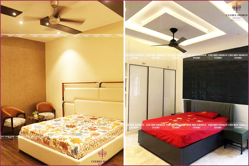 Interior designers in Bangalore create a luxurious bedroom with a ceiling fan.