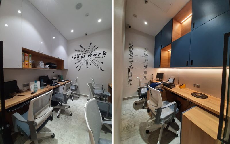 Two views of a compact office space, highlighting desks and computers, created by an office interior designer in Kolkata.